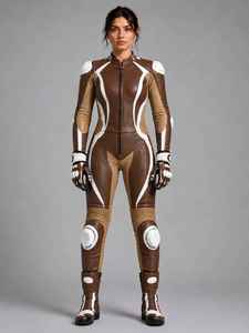 Traje de Motociclismo de Cuero para Mujer, Color Marrón y Blanco, con Bloques de Color, Armadura Protectora, de Una Pieza, Manga Larga - Product Image 6