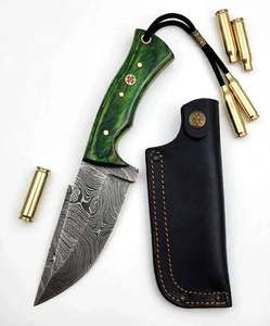 Couteau utilitaire à lame fixe en acier Damas, fabriqué à la main, avec manche en bois vert, qualité DIY, OEM disponible - Product Image 2