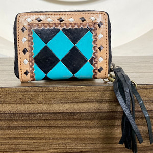 Wholesale Hand <b>Tooled</b> <b>Leather</b> Coin Purse & Card Holders Western Black & Turquoise Checkered Zipper Keychain Wallet with Tassel - Product Image 4
