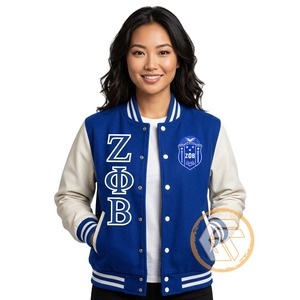 Chaqueta Universitaria Personalizada Zeta Phi Beta, Ropa de Sororidad, Alta Calidad, Transpirable, de Algodón y Felpa, con Escudo Bordado, Botones para Invierno - Product Image 1