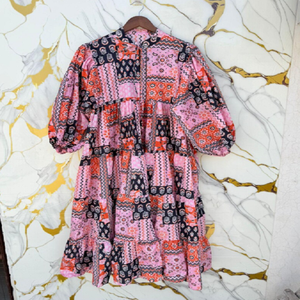 Patchwork Midi <b>Dress</b> with <b>Bohemian</b> Inspired Design Relaxed Silhouette and Eclectic Patterned Details for Resort Fashion - Product Image 1