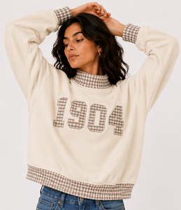 Sweat-shirt à col roulé pour femme 1904 personnalisé à pois gingham, épaules tombantes, grande taille, décontracté, respirant, en tissu éponge - Product Image 1