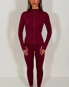 Conjunto de Yoga de 2 Piezas para Mujer, Color Borgoña, Cierre Frontal Completo, Sin Costuras, Spandex, Poliéster, Cintura Alta, Transpirable, Absorbe el Sudor - Product Image 1