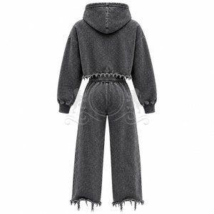 Conjunto Deportivo Negro para Hombre, 100% Algodón, Cierre Completo con Cremallera, 450 Gsm, Pantalones Deportivos de Pierna Ancha con Cremallera Corta, Dobladillo Deshilachado, Ropa Casual - Product Image 2