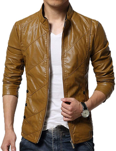 Men's Brown PU Leather Moto <b>Jacket</b> Stand Collar Zipper Closure <b>Slim</b> <b>Fit</b> Regular Length Solid Color Autumn Wear - Product Image 6