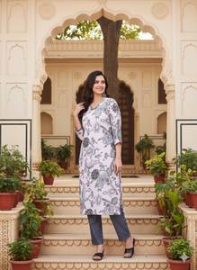 Ensemble Kurta et pantalon en coton imprimé numérique blanc et gris, col en V, coupe droite longueur mollet, tenue ethnique pour femme, tailles S à XXL - Product Image 3
