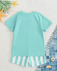 Boys Mint Green Sun Logo T-Shirt and Striped Shorts Set Casual Beach Outfit - Product Image 3