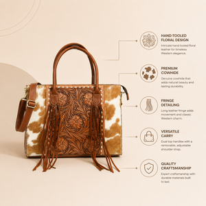 Premium Hair-On Cowhide Leather Tote Bag | Hand Tooled Floral Western <b>Purse</b> with Fringe, Spacious Laptop Shoulder Handbag Carry - Product Image 4