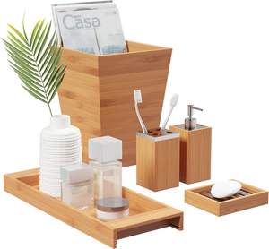 Ensemble de luxe écologique tendance de 5 pièces : plateau en bois naturel, distributeur de lotion, porte-savon, porte-brosse à dents - Product Image 3