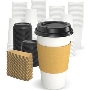 Confezione da 100 Bicchieri di Carta Isolati da 16 oz per Caffè Caldo, Spessi e Resistenti, Usa e Getta con Coperchi Antigoccia e Manicotti - Product Image 1