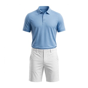 Ensemble Polo et Short Bermuda Homme Brodé Couleur Unie Oxford Respirant Séchage Rapide Poches Taille Mi-Haute Style Décontracté Blanc Bleu - Product Image 1