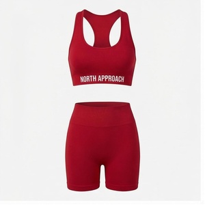 ชุดโยคะ 2 ชิ้นแบบ North Approach เสื้อครอปแบบ Racerback กางเกงขาสั้นเอวสูง สีแดงล้วน ระบายอากาศได้ดี ชุดกีฬา - Product Image 1