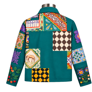 Chaqueta de Trabajo con Mosaico Teal, Multicolor, Artística, con Parches Florales, Cierre de Botones, Estilo Casual, con Bolsillos Funcionales - Product Image 2