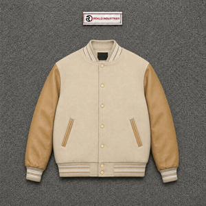 Chaqueta Varsity Premium de Lana Beige con Mangas de Cuero Color Bronceado, Chaqueta Bomber de Béisbol Personalizada con Letras para Hombre y Mujer, Venta al Por Mayor - Product Image 5