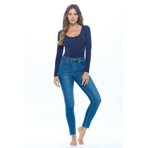 Maillot de bain une pièce pour femme, col en V profond, manches longues, couleur unie, coupe haute, bas string extensible - Product Image 4