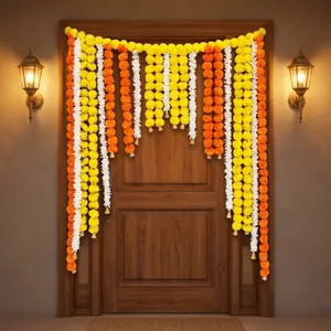 Artificial Marigold and Jasmine Flower Garland Backdrop with Yellow Orange <b>White</b> <b>Hanging</b> Strings for Wedding Festival Decor - Product Image 1