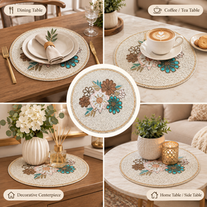 Premium <b>Beaded</b> Round <b>Placemat</b> | Floral Glass Bead Table Mat for Dining Kitchen Home Decor Elegant Handmade Table Setting Accents - Product Image 3
