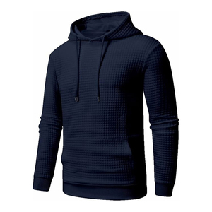 Men's <b>Navy</b> Blue Hooded Waffle Knit <b>Sweatshirt</b> Regular Fit Casual Autumn Pullover Long Sleeve Solid Color Hoodie - Product Image 3