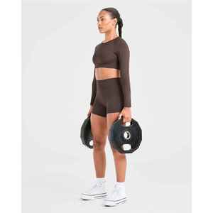 Haut court marron à manches longues pour femme, col rond, couleur unie, pull respirant, haut de sport - Product Image 5