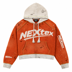 Oversized Crop <b>Hoodie</b> Men's Streetwear <b>Zip</b>-Up Hooded Sweatshirt Orange Washed Print Front <b>Pocket</b> Regular Sleeve - Product Image 6