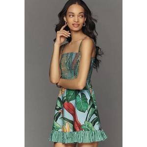 Robe courte smockée en coton, robe courte ample en coton et lin, robes courtes d'été décontractées à manches courtes et imprimé floral pour filles - Product Image 3