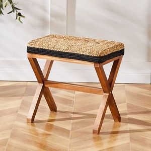 Poggiapiedi Rettangolare in Erba Marina Naturale con Gambe in Legno, Sgabello Intrecciato a Mano per Soggiorno - Product Image 1