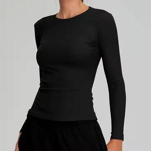 Women's <b>White</b> <b>Long</b> <b>Sleeve</b> Crew Neck Knitted T-Shirt Slim Fit Casual Breathable Spandex Cotton Blend Full <b>Sleeve</b> Solid Color <b>Top</b> - Product Image 2