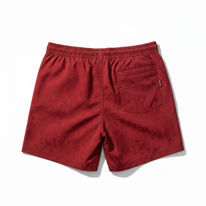 Men's <b>Red</b> Solid Color Quick Dry Canvas 100% Polyester Front Logo Elastic Waist Mid Casual Board Shorts - Product Image 4