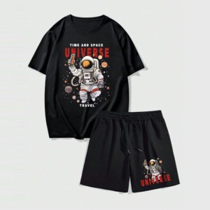Ensemble 2 pièces pour homme : T-shirt noir uni avec logo frontal, col rond, imprimé numérique, tricoté, respirant, manches courtes, tenue décontractée d'été - Product Image 1