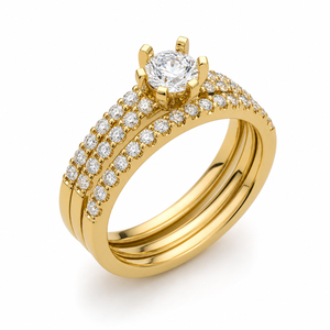 Bague de Mariage Triple Bande Solitaire de Luxe en Or Jaune 14K Rhodié avec Diamant de Laboratoire Certifié IGI, Pavé, Bijoux Personnalisés OEM - Product Image 1