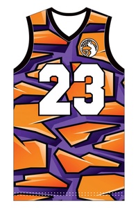 Ensemble d'uniformes de basketball personnalisés, imprimé géométrique orange et violet, sublimé, séchage rapide, maillot et short unisexe pour adultes - Product Image 2
