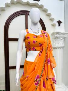 Sari indien en faux georgette à imprimé floral avec impression numérique et entièrement cousu, léger, pour femmes, élégant, drapé, pour les occasions de fête - Product Image 2