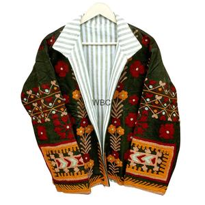 WOODEN BLOCK CRAFT INDIA Corduroy Knitted Embroidered Breathable Eco-Friendly <b>Vintage</b> Thick Quilted Jacket O-Neck Collar Women's - Product Image 2