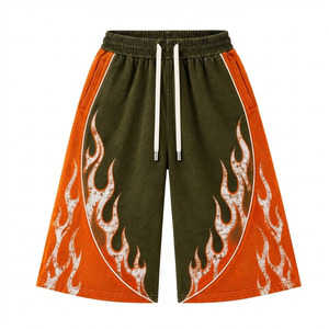 <b>Men's</b> Street Style Bermuda <b>Shorts</b> Digital Flame Print Elastic Waist Drawstring Olive <b>Orange</b> - Product Image 1