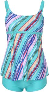 Women's Striped Tankini Set Square Neck Swimwear <b>Top</b> with Shorts Turquoise 2 Piece Swimsuit Stretch - Product Image 3