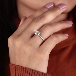 Asscher Cut Lab Grown Diamond Solitaire Engagement Ring with Pave Band 14K Gold <b>Bridal</b> Wedding Ring Wholesale - Product Image 4