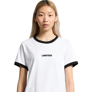 T-shirt à col rond et manches courtes pour femme, avec bordure contrastante, coupe classique, imprimé discret sur la poitrine, en jersey de coton, style Ringer, vente en gros, personnalisable, OEM - Product Image 6
