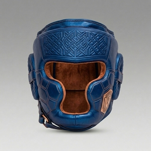 Protector de Cabeza Ligero para Boxeo Profesional, Unisex, Adulto, con Cierre de Velcro, en Cuero Azul Marino con Estampado Dorado - Product Image 1