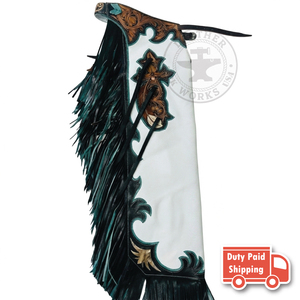 Pantalones de montar de cuero estilo western para hombre con flecos color verde azulado, diseño floral cruzado hecho a mano y costuras decorativas – Pantalones de equitación vaqueros - Product Image 4