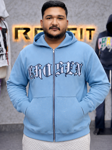 Men's Light Blue Zip-Up <b>Hoodie</b> Embroidered <b>Gothic</b> Logo Oversized Fit Streetwear Hooded Regular Sleeve French Terry Fabric - Product Image 1