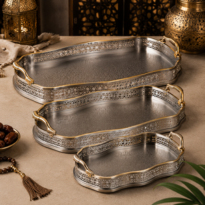 Oriental Metal <b>Serving</b> Tray <b>Set</b> With Gold Inlay Engraved Auric Wave Shape Handmade <b>Dishes</b> & Plates - Product Image 1