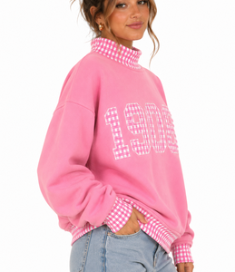 Sweat-shirt rose à col roulé pour femme 1908 avec appliqué à carreaux et motif lettres sur le devant, manches classiques, tenue décontractée d'automne - Product Image 2
