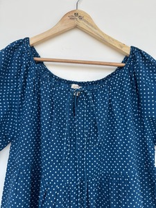 Robe longue évasée en coton à pois bleus pour femme, col rond, à volants, style bohème décontracté pour l'été et les vacances, collection boutique - Product Image 2