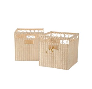 Square Rattan Storage Basket with Handles <b>Wicker</b> Storage Cube for Shelf Organizer Natural Handwoven Closet <b>Bin</b> Set of 2 - Product Image 3