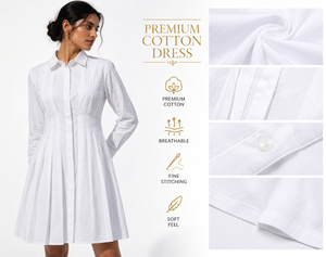 Robe chemise en coton blanc pour femmes, manches longues, plissée, mini-robe décontractée, confortable, élégante, chemisier pour femmes, robe d'été - Product Image 5