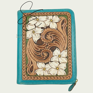 Western Turquoise Tooled Leather Portfolio <b>File</b> <b>Folder</b> Cover New Design Zippered <b>File</b> Cover Floral Carved Certificate Bag - Product Image 1