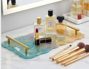 Luxury Resin <b>Serving</b> <b>Tray</b> With <b>Gold</b> Handles Lacquered Finished For Elegant Home And Stylish Modern Dining Presentation - Product Image 3