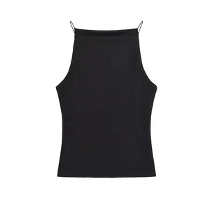 Débardeur côtelé uni à col rond pour femme, basique d'été, élastique, sans manches, coupe courte, en soie/coton, écologique, respirant, avec devant en satin - Product Image 4