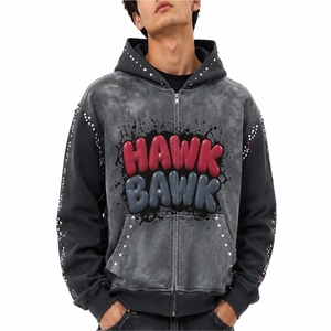 Sweat à capuche zippé premium pour homme, style streetwear, coupe oversize, effet délavé, mode urbaine, sweat à capuche graphique épais pour homme - Product Image 1