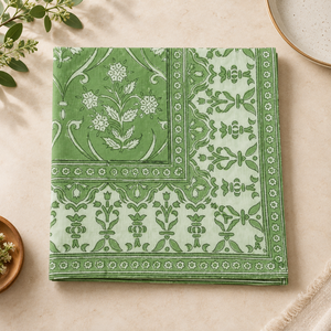 Serviettes en coton carrées de qualité supérieure RIDHI, imprimées à la main, couleur vert poire, motif floral indien, pour tables et décorations de mariage - Product Image 1